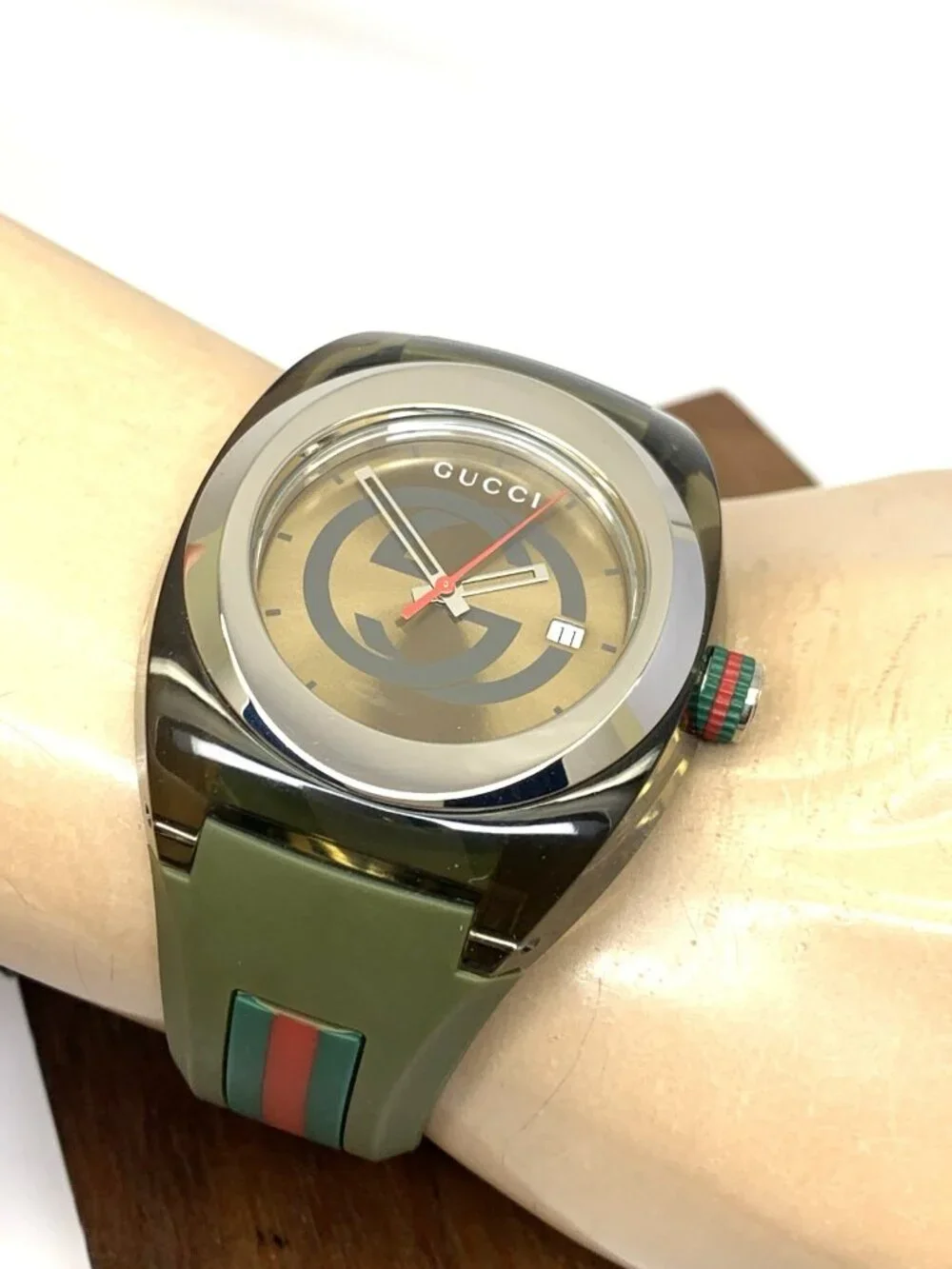 GUCCI Men's Watch YA137106 Sync Swiss Quartz Green Rubber Band 46mm